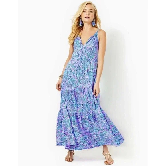 Lilly Pulitzer | Dresses | Lilly Pulitzer Maribella Halter Maxi Dress  Tiered Swing Beach Cotton L 27952 | Poshmark